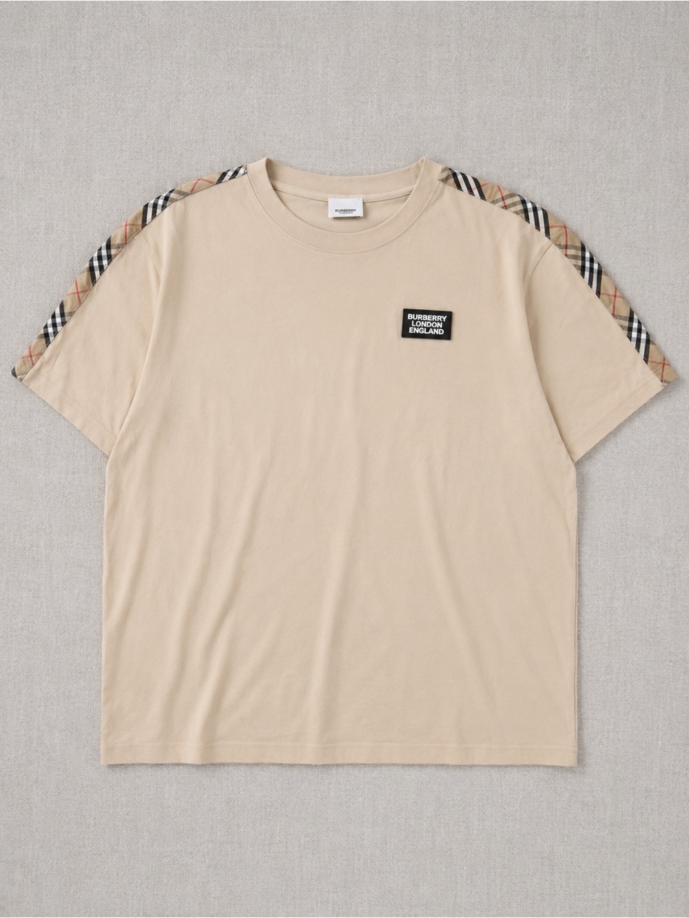 Authentic Burberry Check Sleeve Stripe & Silicone Logo Patch Cotton T-shirt